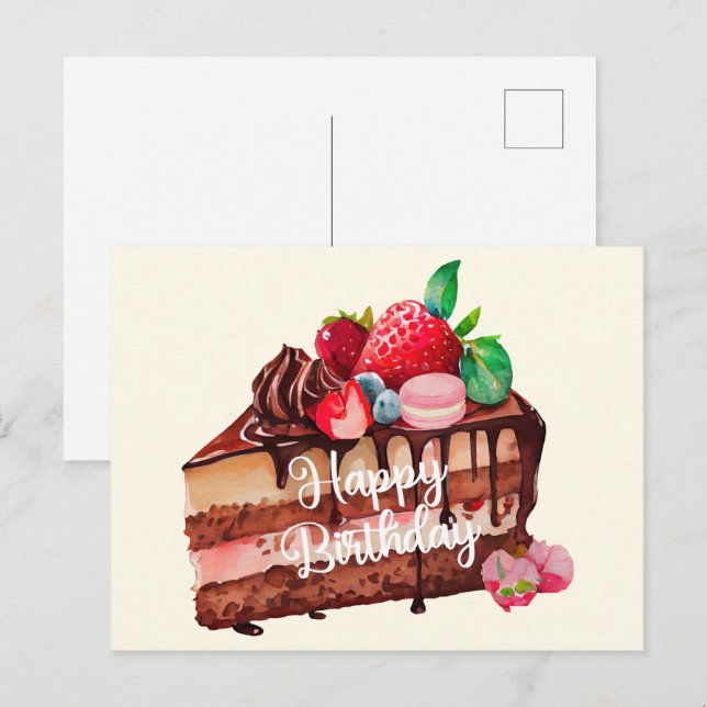 Postal Feliz cumpleaños al pastel de chocolate con fresa (Anverso / Reverso)