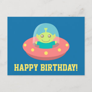 Postal Feliz Cumpleaños, Alien Cute en Nave Espacial