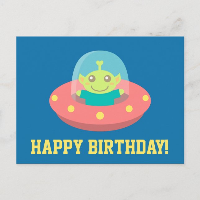 Postal Feliz Cumpleaños, Alien Cute en Nave Espacial (Anverso)