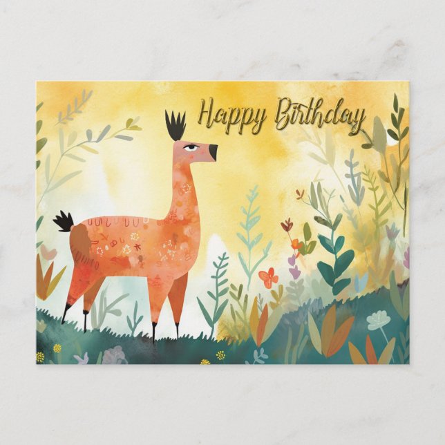 Postal Feliz Cumpleaños Alpaca Linda y Naturaleza Abstrac (Anverso)