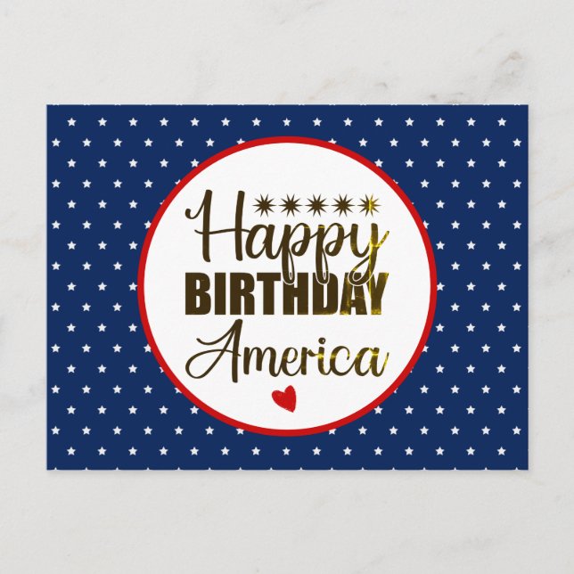 Postal Feliz cumpleaños América, blanco y azul patriótico (Anverso)
