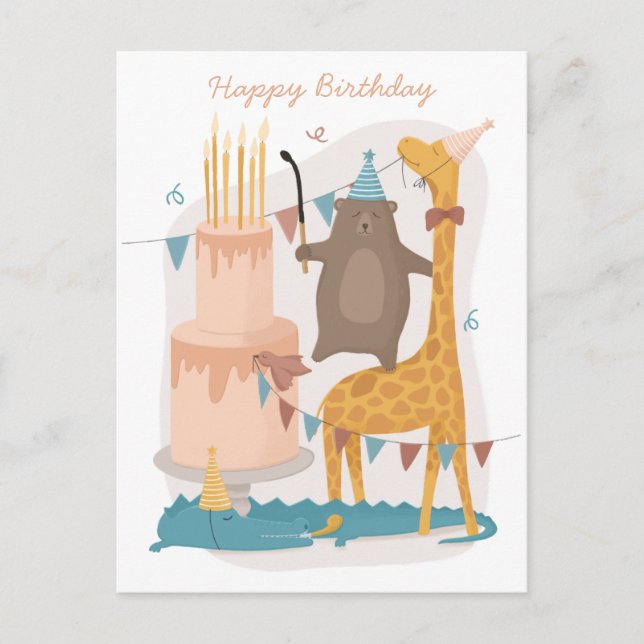Postal Feliz cumpleaños. Animales bonitos. Girafa de oso  (Anverso)