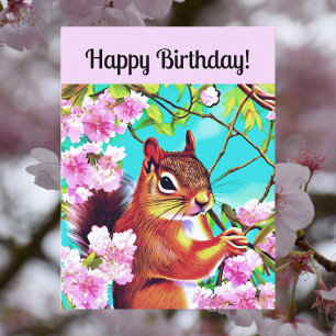 Postal Feliz cumpleaños ardilla Sakura en flor de cerezo