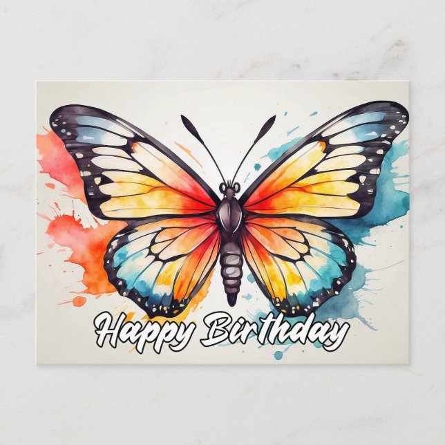 Postal Feliz Cumpleaños Arte de Mariposa Colorida y Linda (Anverso)