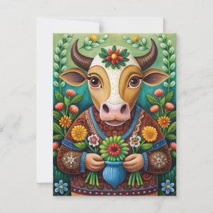 Postal Feliz cumpleaños arte popular vaca 