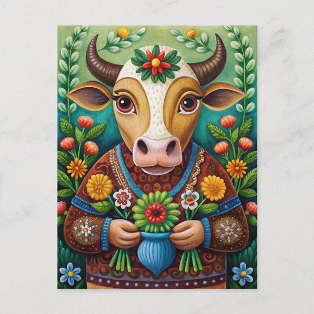 Postal Feliz cumpleaños arte popular vaca  (Anverso)