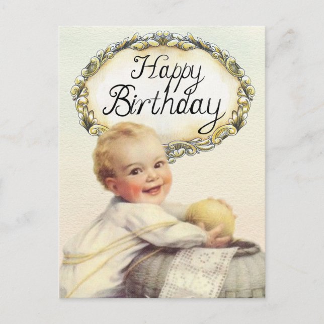 Postal Feliz cumpleaños arte vintage de bebé (Anverso)
