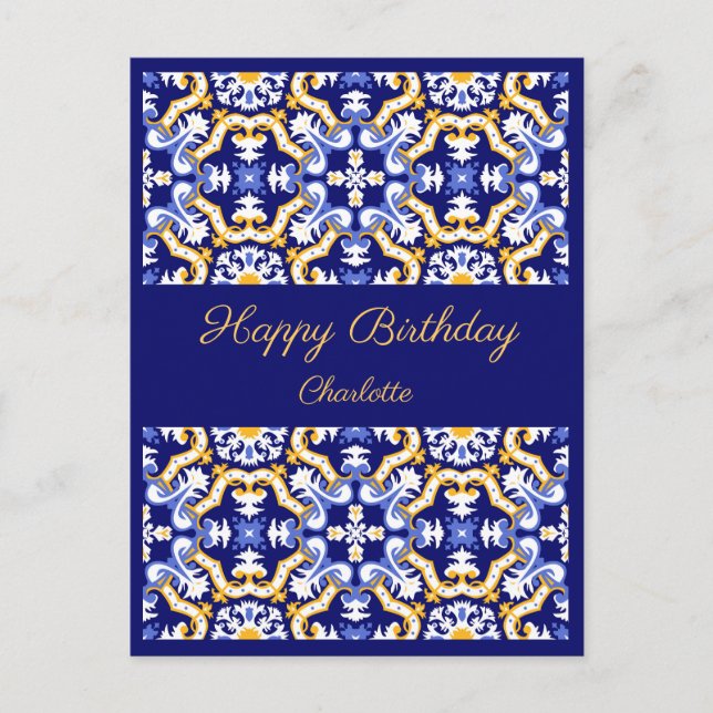 Postal Feliz Cumpleaños Azulejos azules personalizables (Anverso)