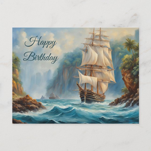Postal Feliz Cumpleaños Barco de Vela Antiguo cerca de Is (Anverso)