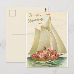 Postal Feliz Cumpleaños Barco de Vela Antiguo Lleno de Ro