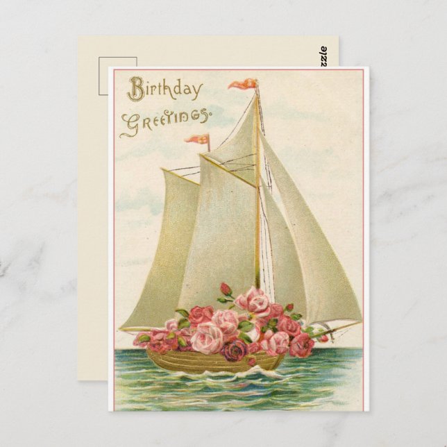 Postal Feliz Cumpleaños Barco de Vela Antiguo Lleno de Ro (Anverso / Reverso)