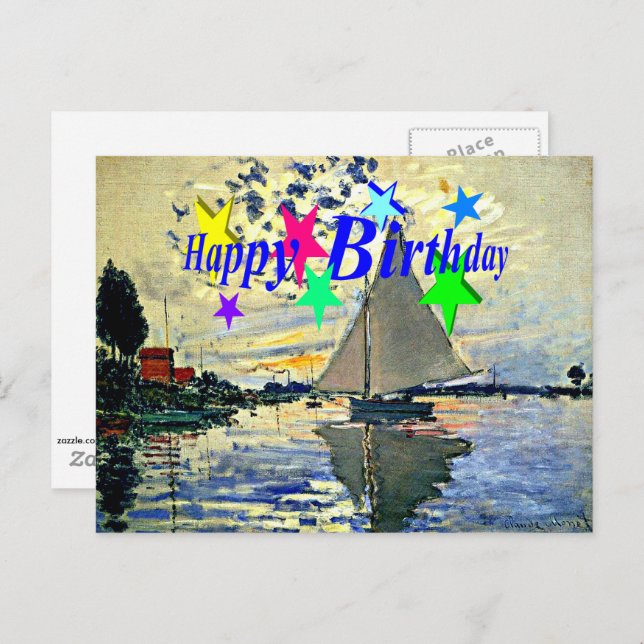 Postal Feliz cumpleaños, barco de vela en Le Petit Gennev (Anverso / Reverso)