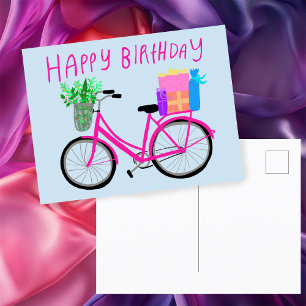 Postal FELIZ CUMPLEAÑOS Bicicleta Rosa Lindo Personalizad