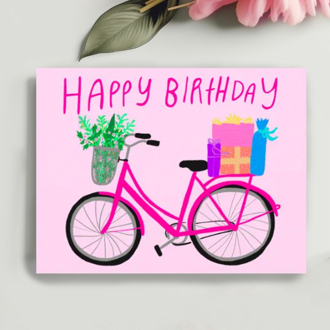 Postal FELIZ CUMPLEAÑOS Bicicleta Rosa Lindo Personalizad (Happy birthday cheerful pink bicycle with gifts and flowers. Add your own text customize  postcard)