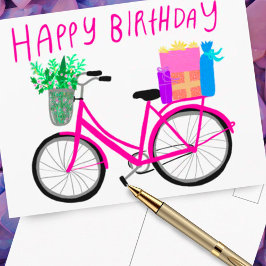 Postal FELIZ CUMPLEAÑOS Bicicleta Rosa Lindo Personalizad