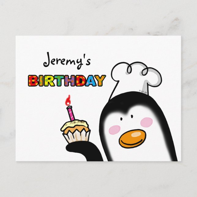 Postal Feliz cumpleaños, bizcocho de pingüino chef (Anverso)