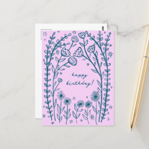Postal Feliz Cumpleaños Boceto Doodle Caprichoso Floral