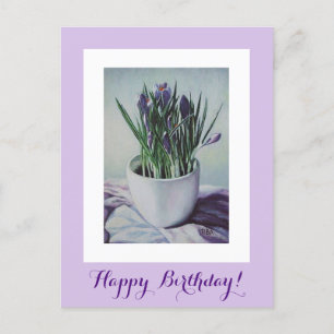 Postal Feliz cumpleaños bonito croco púrpura arte floral