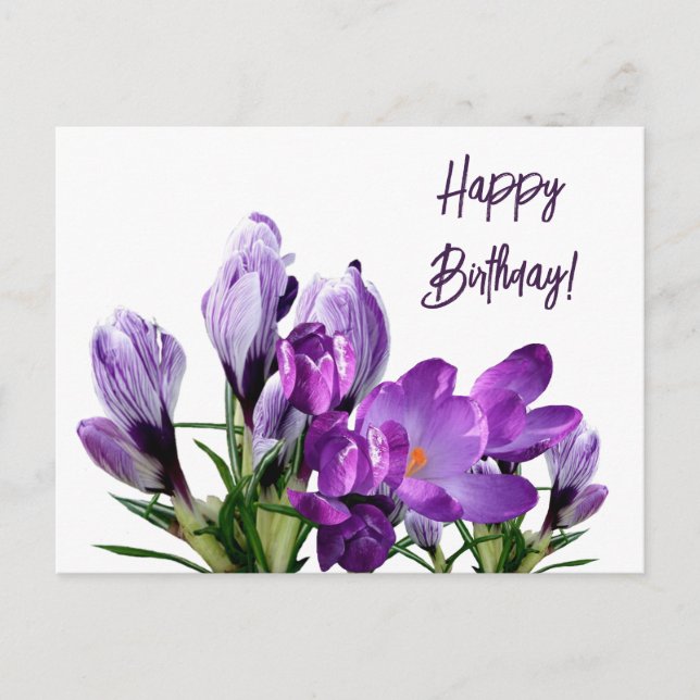 Postal Feliz cumpleaños bonito croco púrpura flores flora (Anverso)