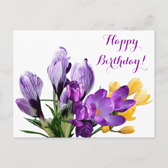 Postal Feliz cumpleaños bonito crocus morado amarillo flo (Anverso)