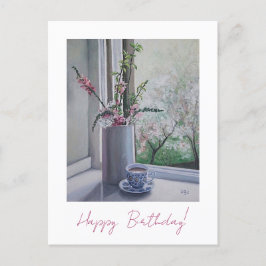 Postal Feliz cumpleaños bonito flores de primavera rosada