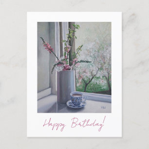 Postal Feliz cumpleaños bonito flores de primavera rosada