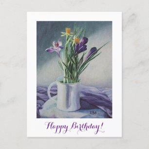 Postal Feliz cumpleaños bonito morado floral arte fino