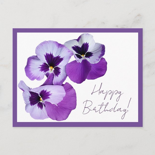 Postal Feliz cumpleaños bonito morado pansy flores floral (Anverso)