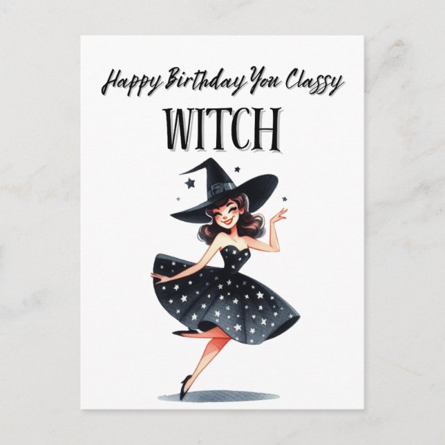 Postal Feliz cumpleaños bruja elegante (Anverso)