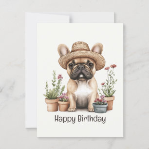 Postal Feliz Cumpleaños Bulldog Francés Jardinería Maceta