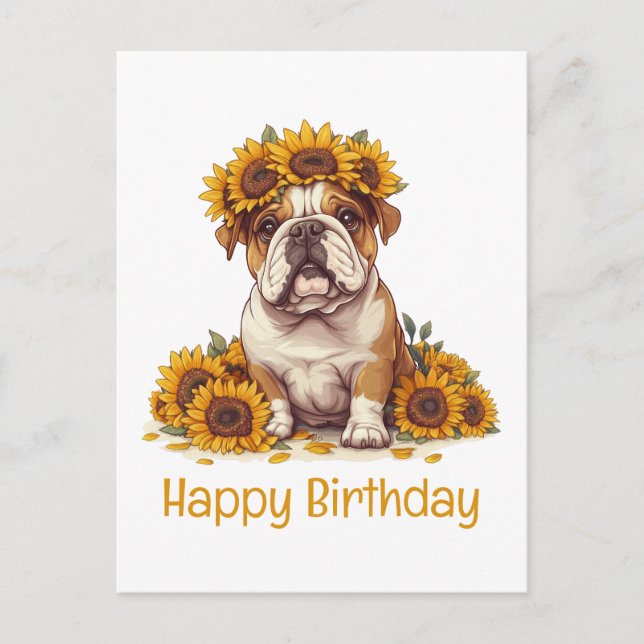 Postal Feliz cumpleaños Bulldog inglés Corona de girasol (Anverso)