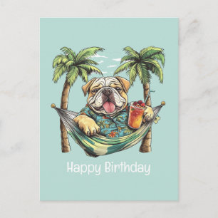 Postal Feliz Cumpleaños Bulldog Inglés en Camisa Hawaiana