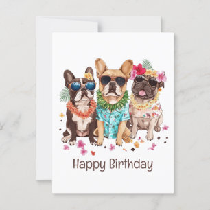 Postal Feliz Cumpleaños Bulldogs Franceses Hawaianos Flor