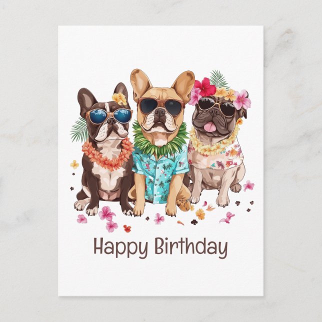 Postal Feliz Cumpleaños Bulldogs Franceses Hawaianos Lei  (Anverso)
