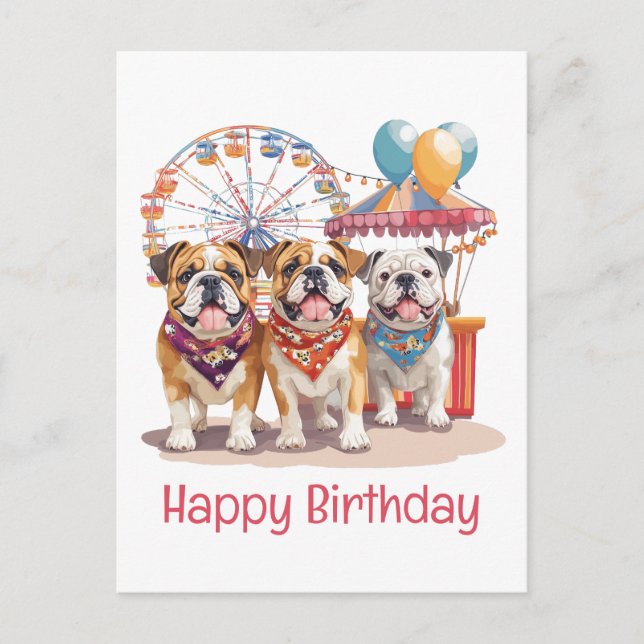 Postal Feliz Cumpleaños Bulldogs Ingleses En Una Feria  (Anverso)