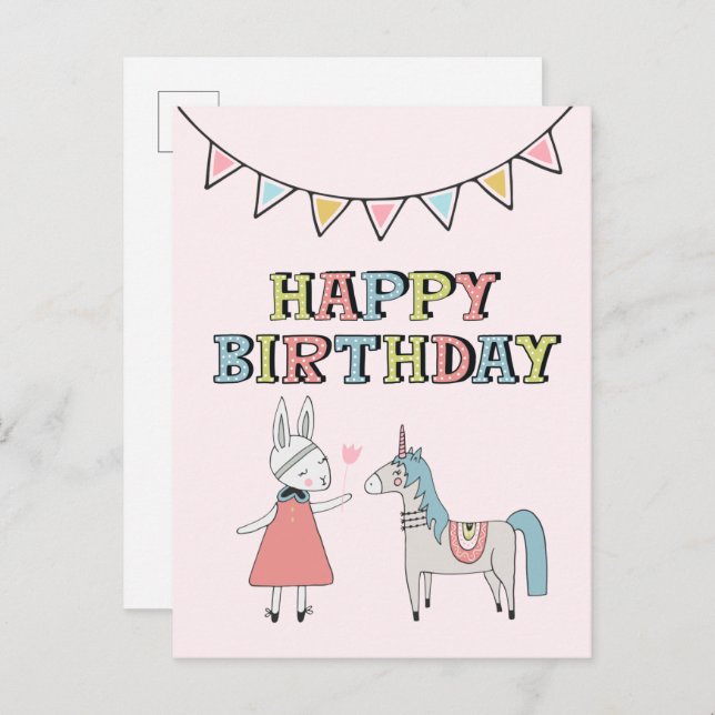 Postal Feliz Cumpleaños Bunny y Unicornio (Anverso / Reverso)