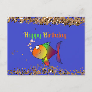 Postal Feliz cumpleaños, burbuja el pescado con oro deslu