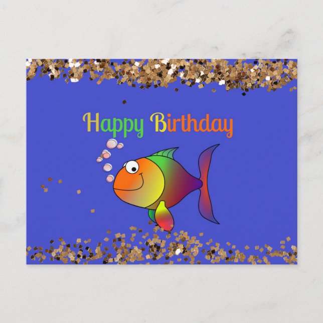 Postal Feliz cumpleaños, burbuja el pescado con oro deslu (Anverso)