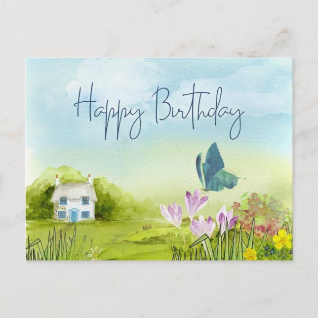 Postal Feliz Cumpleaños Cabaña de Verano Acuarela (Anverso)