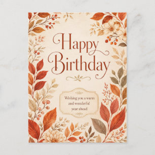 Postal Feliz Cumpleaños Calido Otoño Botánico Acuarela
