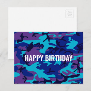 Postal Feliz Cumpleaños Camuflaje Azul Oscuro y Morado