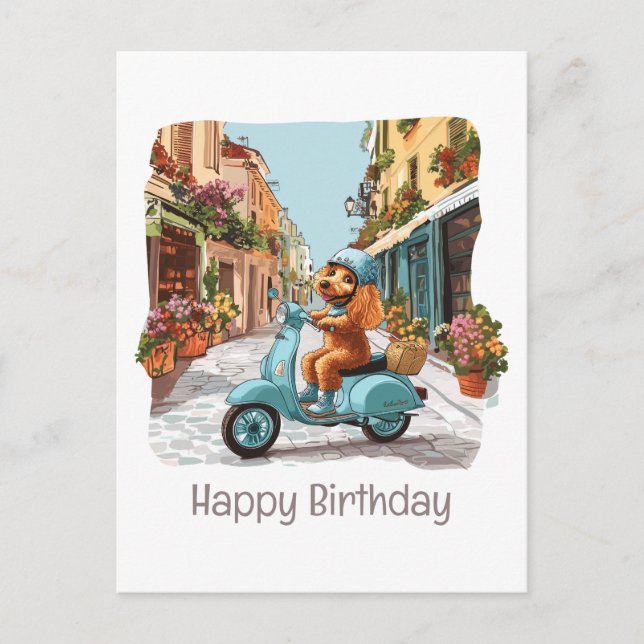 Postal Feliz Cumpleaños Caniche Estándar Poodle Montando  (Anverso)