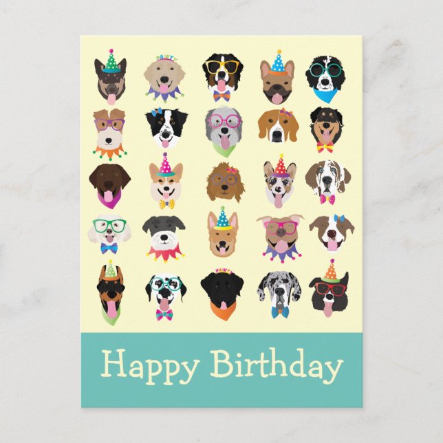 Postal Feliz Cumpleaños Caras de Perros Fiesta Animales (Anverso)