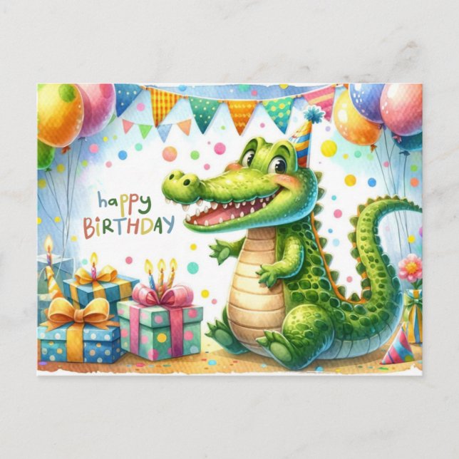 Postal Feliz cumpleaños, carta de fiesta de lagarto (Anverso)
