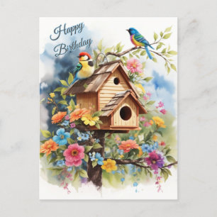 Postal Feliz Cumpleaños Casa de Pájaros Florales y Pájaro