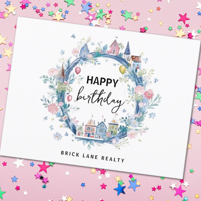 Postal Feliz Cumpleaños Casa Floral Corona Inmobiliaria   (Happy Birthday Real Estate Postcard)