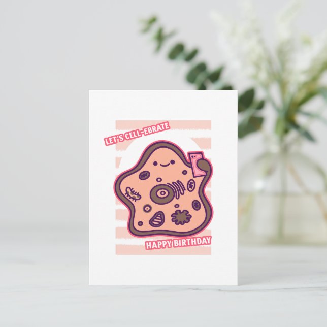 Postal Feliz cumpleaños celebremos biología célula juego  (Anverso de pie)