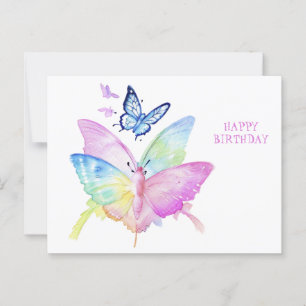 Postal Feliz cumpleaños, coloridas mariposas, acuarela