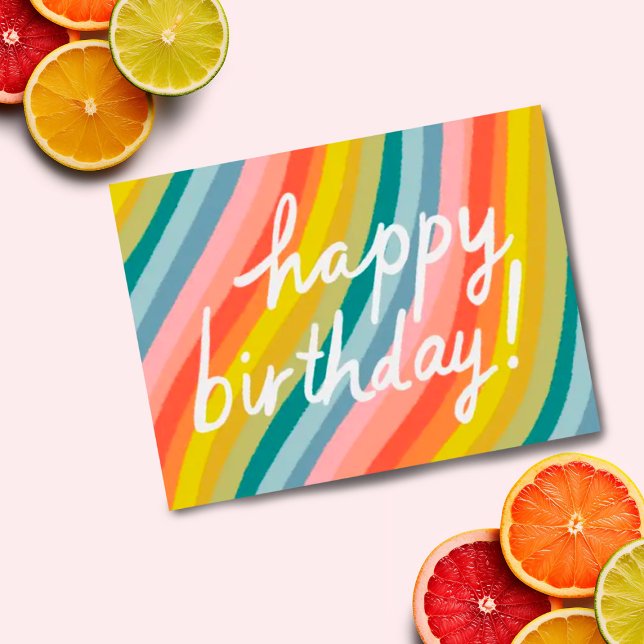Postal FELIZ CUMPLEAÑOS Colorido, divertido y genial Raya (Colorful rainbow stripes custom happy birthday postcard)