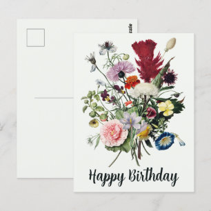 Postal Feliz Cumpleaños Colorido Flores Silvestres Vintag